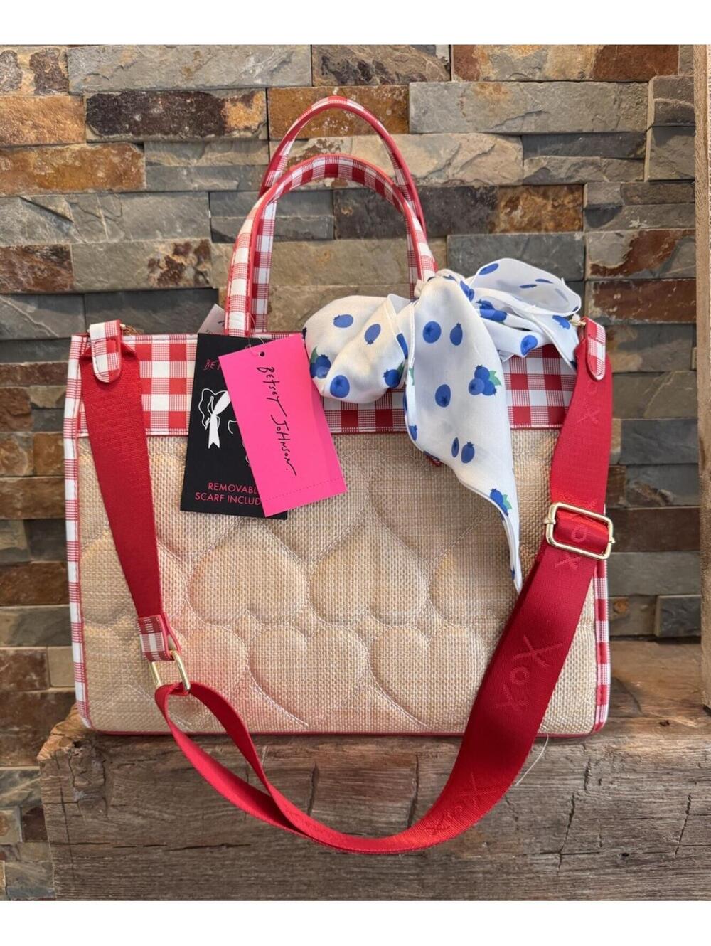 Betsey Johnson Straw Red Gingham Heart Tote Divided Handbag Blueberry Scarf NEW